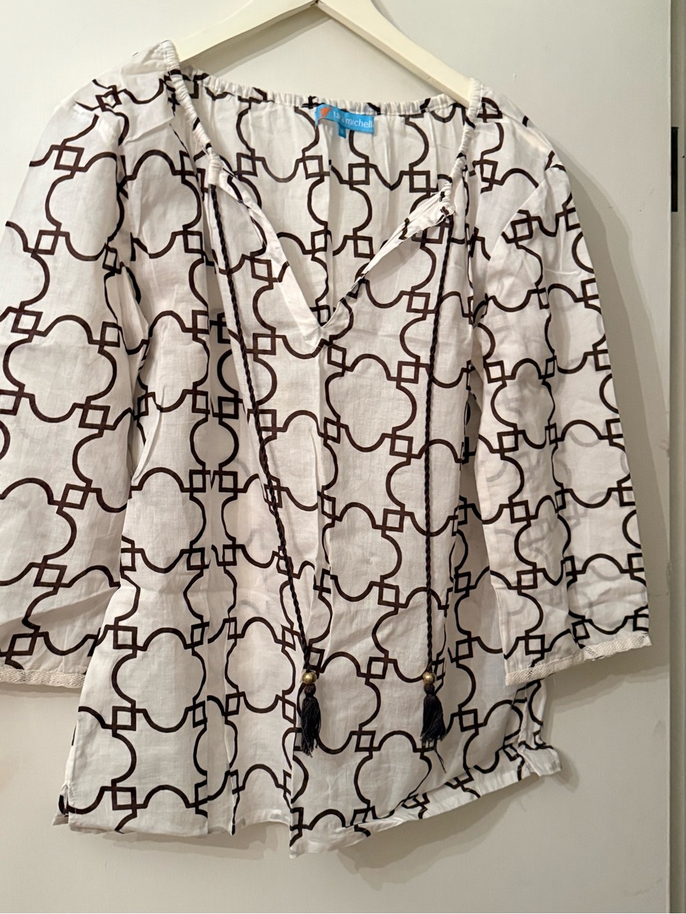 White & Brown Geometric Peasant Blouse with Tassel Ties- sz M